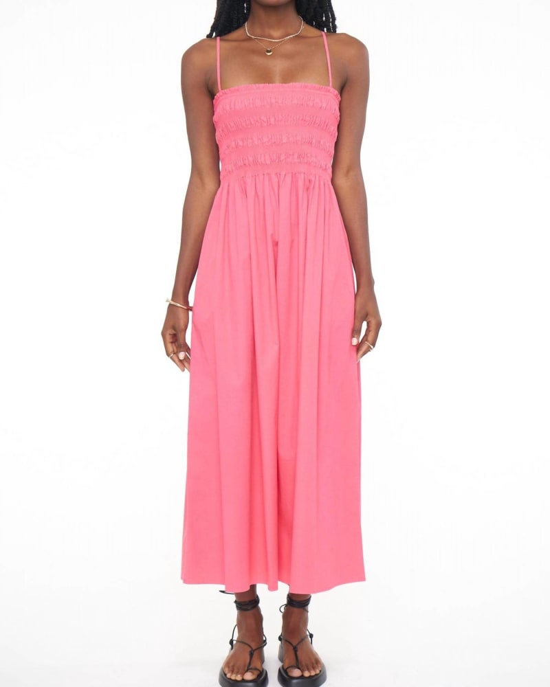 Front of a model wearing a size L Bianca Smocked Bodice Dress In Pink Punch in Pink Punch by PISTOLA. | dia_product_style_image_id:346840